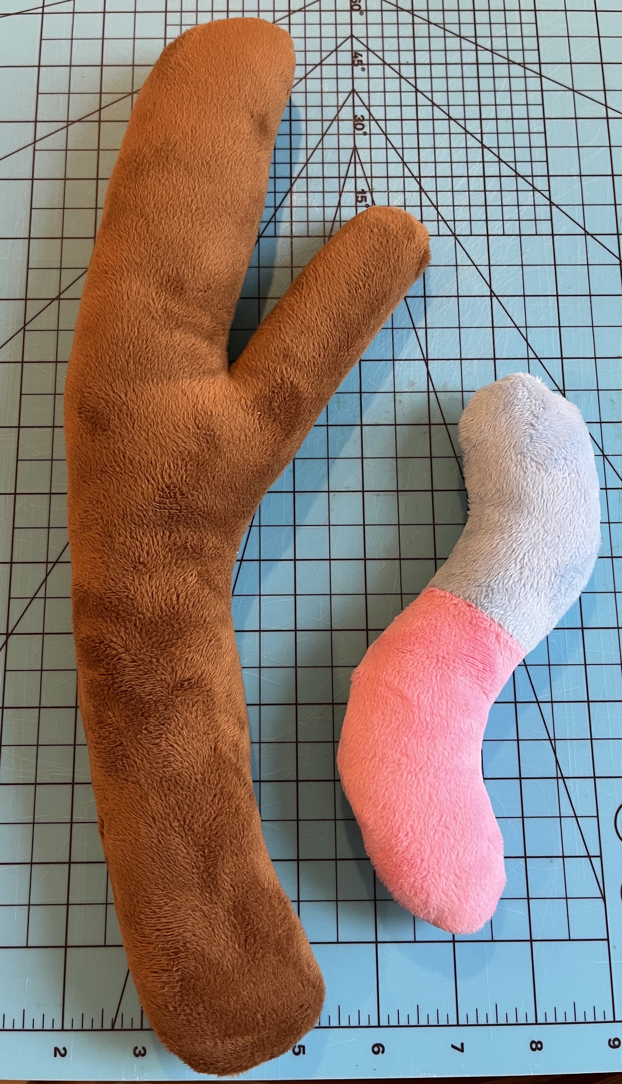 A brown plush stick and a blue and pink plush gummy worm side by side on a table