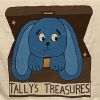 The Tally's Treasures Logo: a happy blue bunny peeking out of a brown treasure chest.